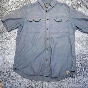 CARHARTT Mens Large Blue Button-up Short Sleeve Work Shirt Pocket workwear